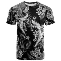 Tropical shark graphic T shirt, black with gray leaves and flowers, crew neck