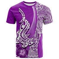 Purple crew-neck T-shirt with front shark and tribal Polynesian-style graphic, short sleeves