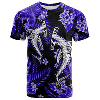 Shark graphic T-shirt in black with purple floral and dark blue leaves, crew neck