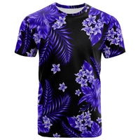 Dark blue crew-neck t-shirt with purple tropical floral and leaf print, short sleeves
