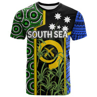 Black t-shirt with South Sea flag style graphic, stars, green dot pattern and leaves