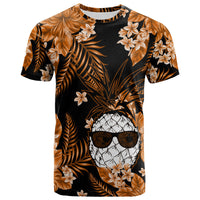 Black tropical T-shirt with orange palm leaves, flowers, and skull with sunglasses