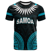 Tribal graphic T-shirt with blue and white wing design, SAMOA text, dark base