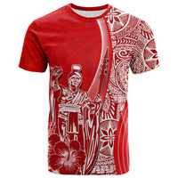 King Kamehameha graphic T-shirt in red with white front figure and floral patterns