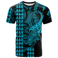 Black and teal Polynesian warrior graphic T-shirt, crew neck