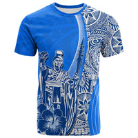 Blue crewneck T-shirt with large white king portrait graphic and floral patterns at front