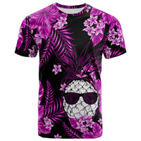 Purple and black graphic T-shirt with floral leaves and skull face wearing sunglasses