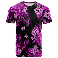 Purple tropical floral graphic T-shirt on black base, short sleeves, crew neck