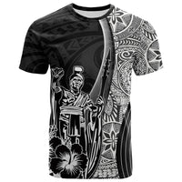 Black graphic T-shirt with Kamehameha figure, tribal patterns and hibiscus motifs