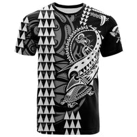 Tribal warrior graphic T-shirt with black base and white geometric patterns