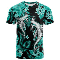Shark and tropical leaf graphic T-shirt, teal and black with white artwork