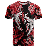 Shark graphic t-shirt with red tropical leaves and white flowers on black, crew neck