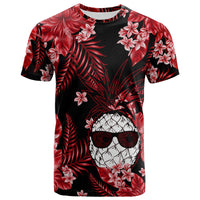 Black tropical T-shirt with red leaves, pink flowers, skull wearing sunglasses