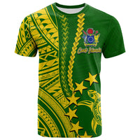 Green Polynesian-style T-shirt with yellow tribal print, stars, and 'Cook Islands' logo