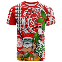 Red graphic T-shirt with Santa holding gifts, tropical fish and leaf pattern