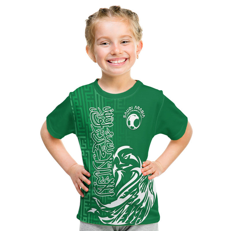 Custom Saudi Arabia Football Falcon Bird And Arabic Text T Shirt - Wonder Print Shop