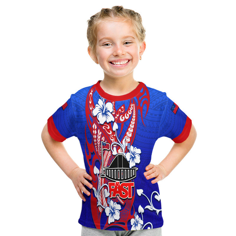 Child blue Samoa T-shirt with red sleeves and hibiscus, piano illustration and FAST text