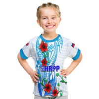 Kids Samoa party T-shirt: white with blue trim, HRPP logo and red hibiscus front