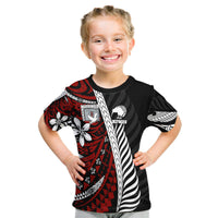 Kids rugby T-shirt in black with red and white tribal print and Kiwi emblem
