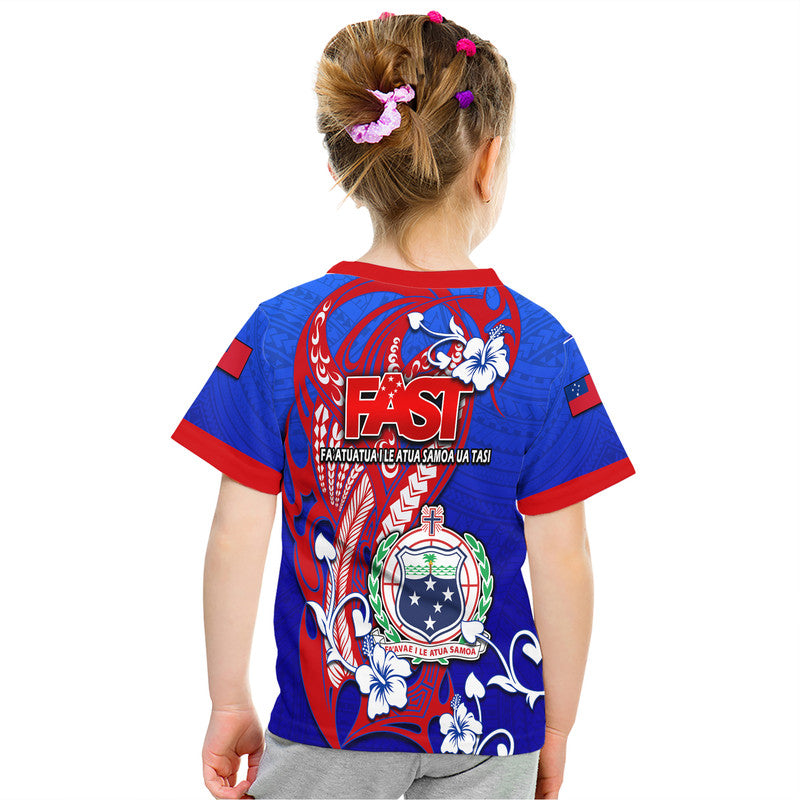 Kids blue Samoa T-shirt with red trim, FAST lettering and laurel crest on back