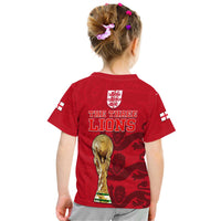 Red football T-shirt on child with back The Three Lions text and gold trophy