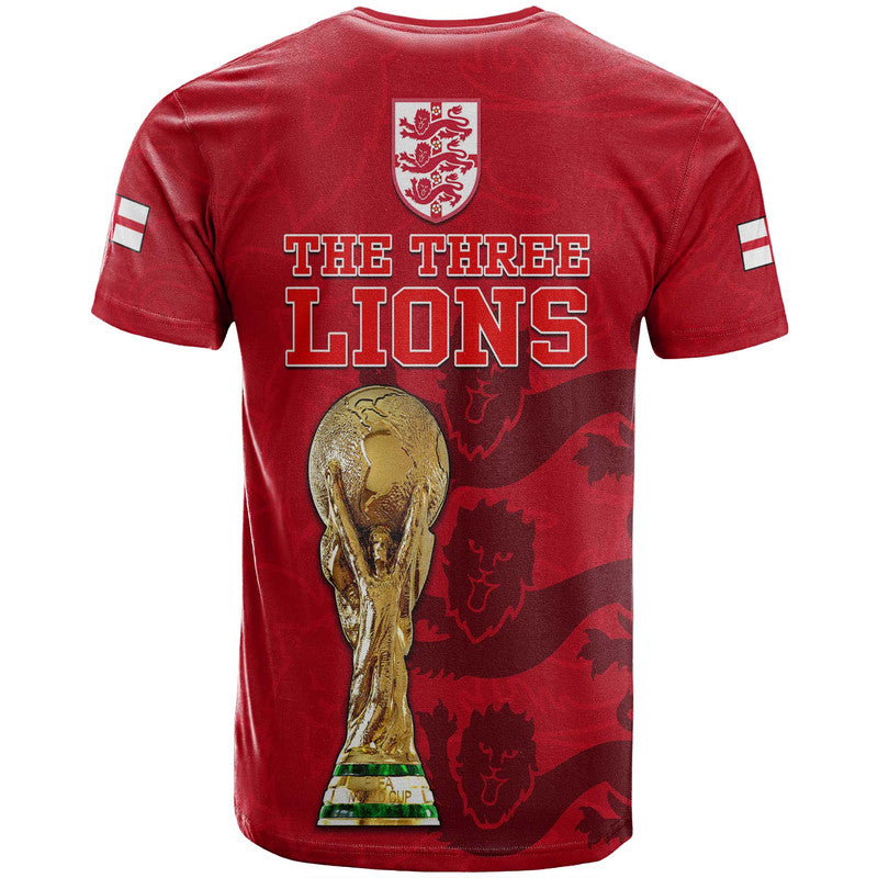 Red football T-shirt with back The Three Lions text and gold trophy graphic