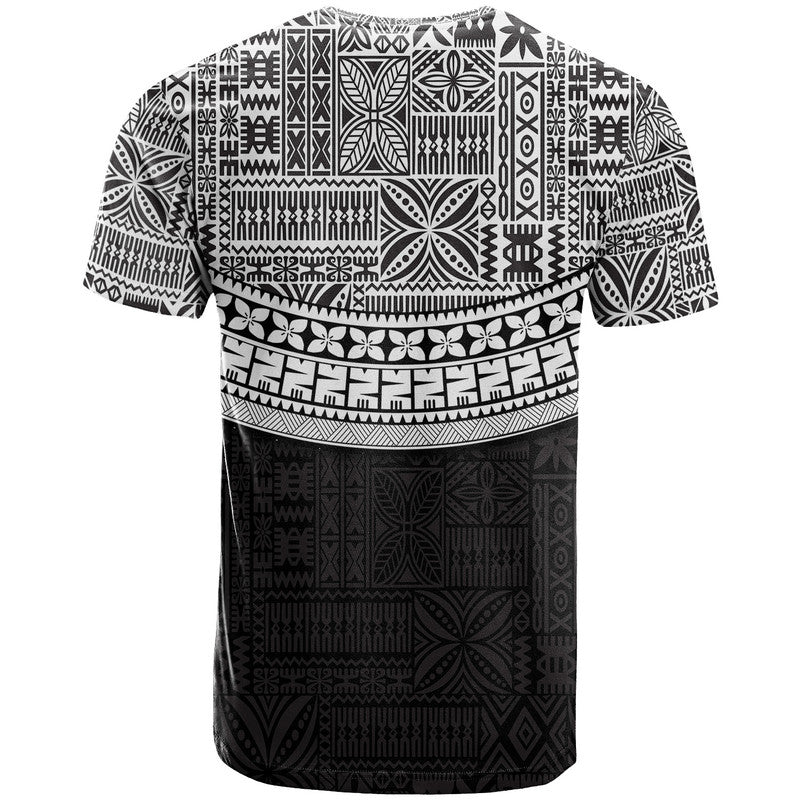 Black tribal T-shirt with white geometric bands and floral motifs across chest and waist