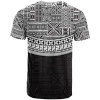 Black tribal T-shirt with white geometric bands and floral motifs across chest and waist