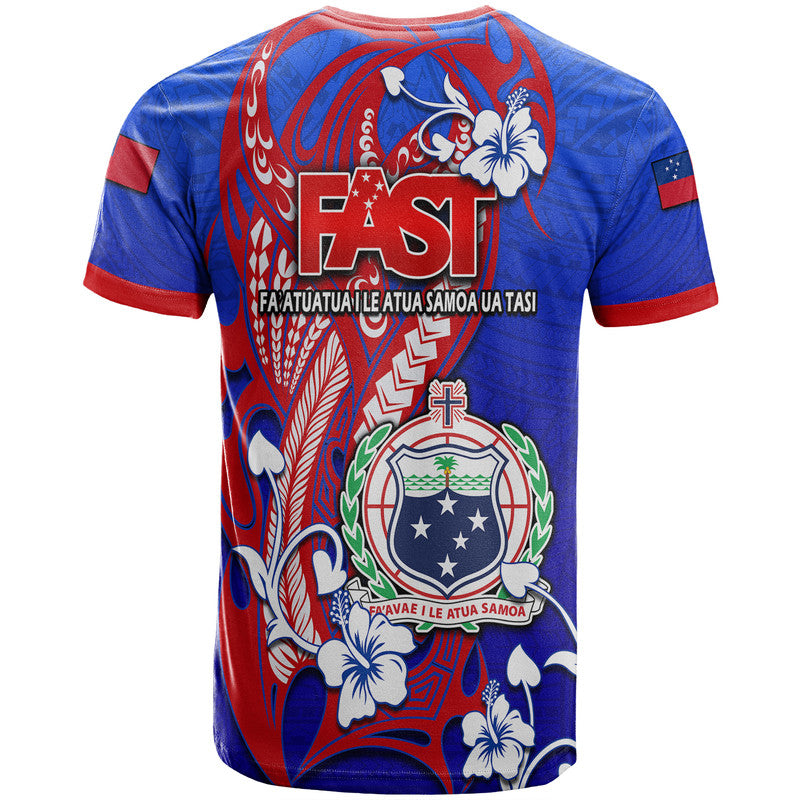 Kids blue Samoa graphic T-shirt with red trim, FAST logo and crest on back
