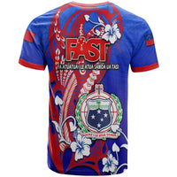 Kids blue Samoa graphic T-shirt with red trim, FAST logo and crest on back
