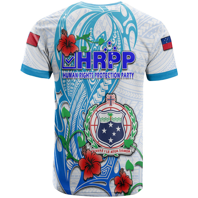 Blue and white tropical hibiscus graphic T-shirt with HRPP and emblem text