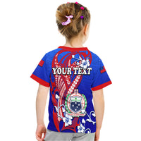 Blue kids T-shirt with red trim and white hibiscus tribal print, YOUR TEXT back