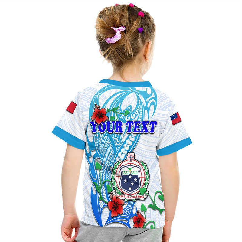 Kids Samoa party T-shirt: white with blue trim, back YOUR TEXT graphic and crest
