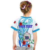 Kids Samoa party T-shirt: white with blue trim, back YOUR TEXT graphic and crest