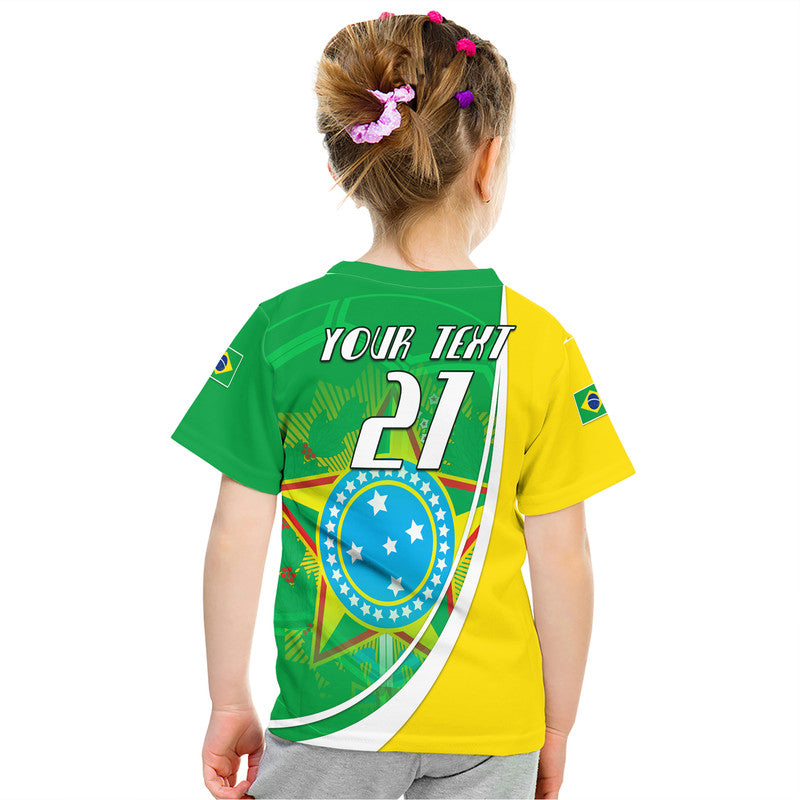 Kids Brazil football t-shirt back with 'YOUR TEXT 21' graphic, green and yellow