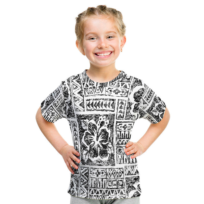 Kid's white graphic t-shirt with black tribal collage and hibiscus flower print