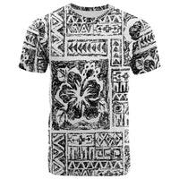 White graphic t-shirt with black tribal panel and hibiscus flower print