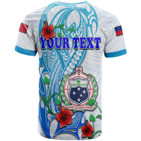 Custom Samoa party T-shirt: white with blue trim, YOUR TEXT graphic and hibiscus