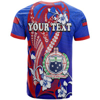 Blue T-shirt with red trim and white hibiscus tribal print, custom YOUR TEXT back