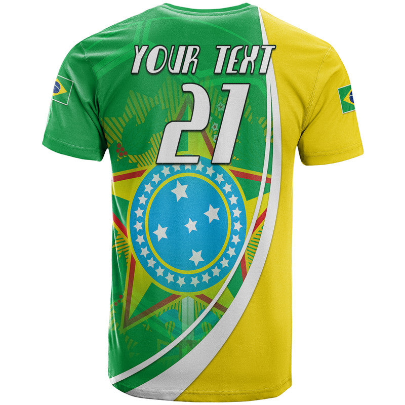Custom Brazil football t-shirt back with 'YOUR TEXT 21' and crest, green/yellow