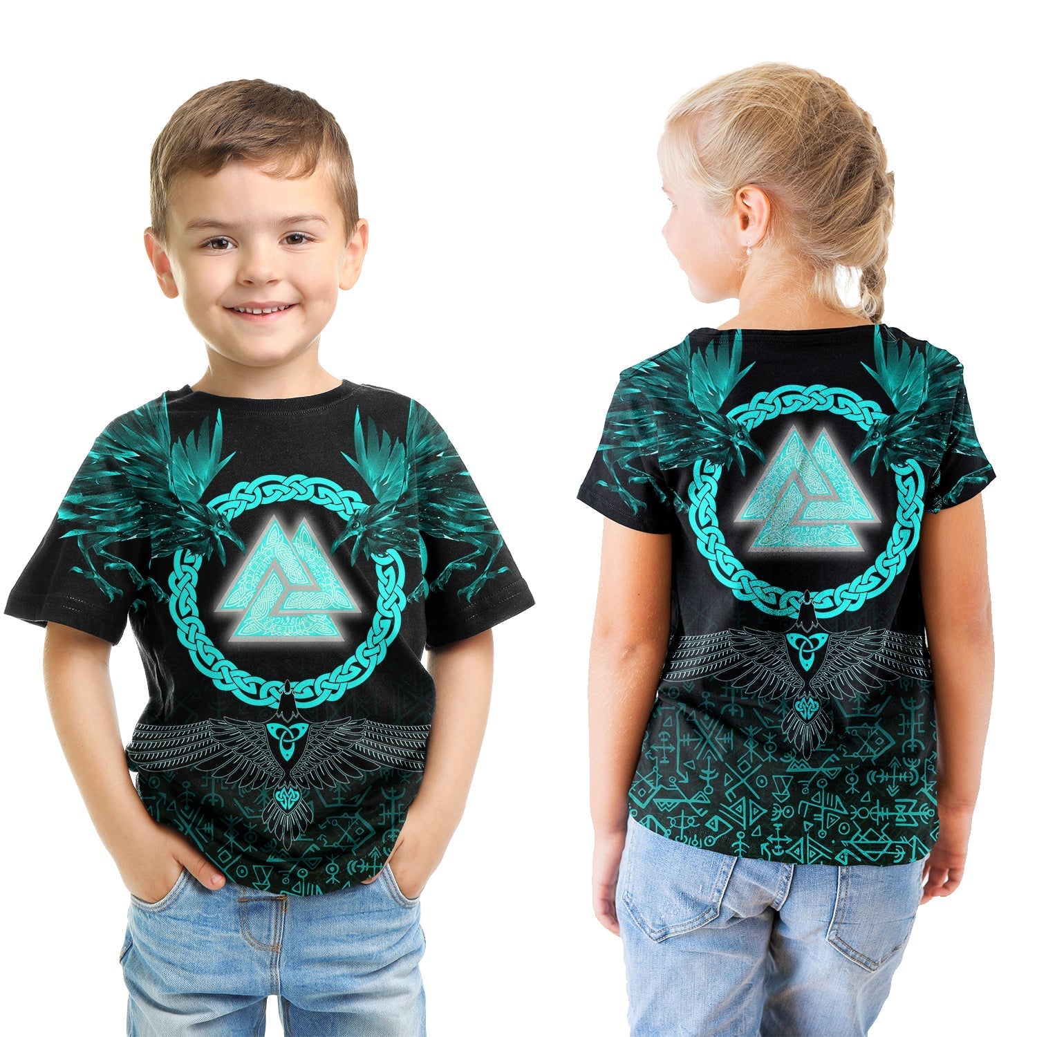 Viking T shirt Kid Three Raven and Valknut Cyan RLT12 - Wonder Print Shop