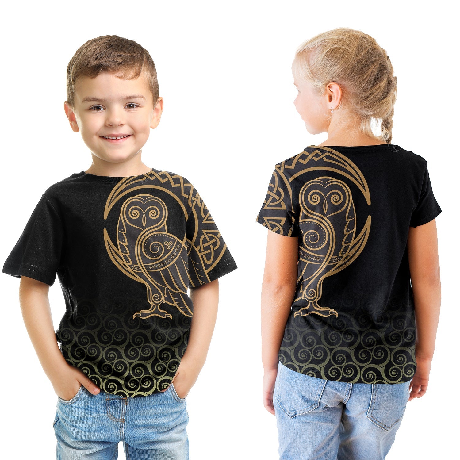 Viking T shirt Kid Owl Celtic On Triskele Background RLT12 - Wonder Print Shop