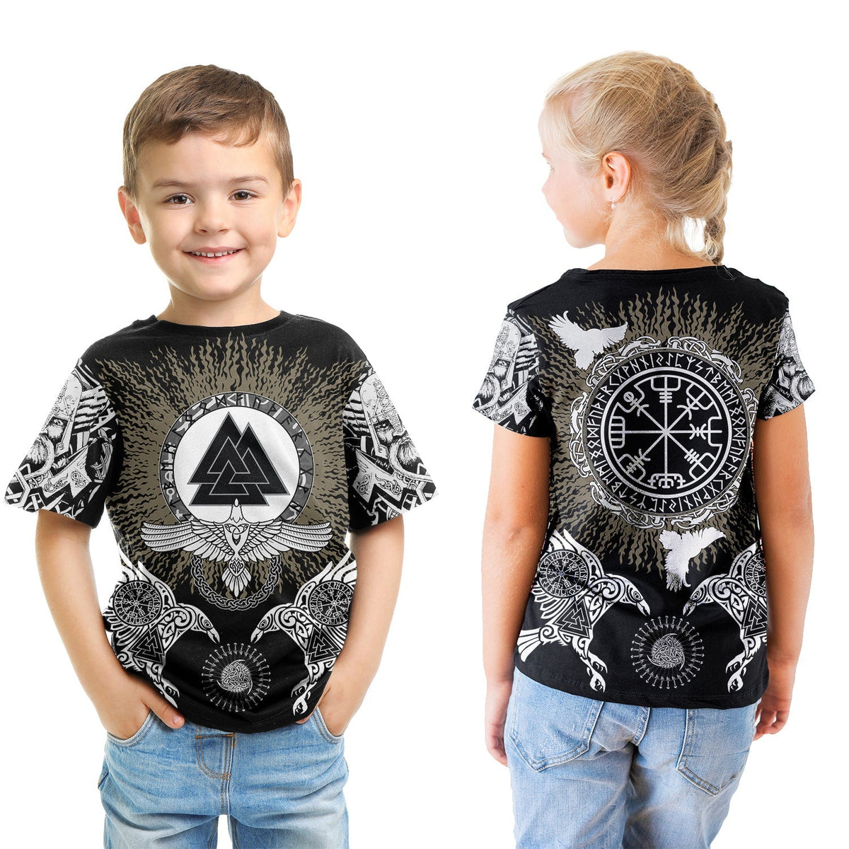 Viking T shirt Kid Raven, Valknut and Vegvisir RLT12 - Wonder Print Shop