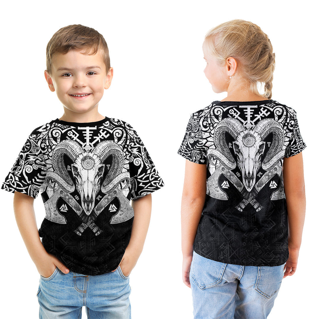 Viking Ram Skull Tattoo With Vegvisir and Valknut T shirt Kid RLT12 - Wonder Print Shop