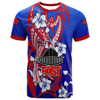 Kids blue Samoa graphic T-shirt with red trim, floral hibiscus and FAST logo on front