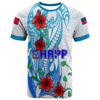 Blue and white tribal hibiscus graphic T-shirt with HRPP logo and flag sleeve patches
