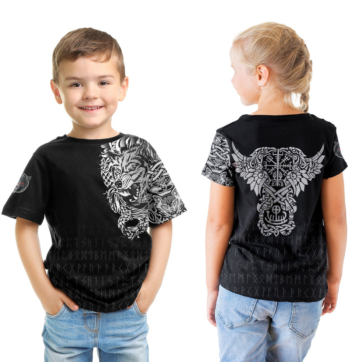 Viking T shirt Kid - Dark Norse Wolf Tattoo RLT12 - Wonder Print Shop