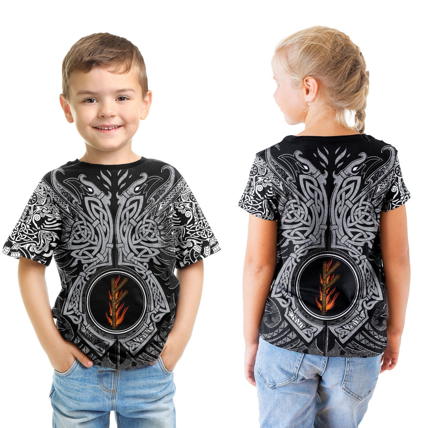 Viking T shirt Kid - Fehu Rune, Raven Tattoo RLT12 - Wonder Print Shop