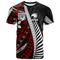 Black rugby T-shirt with red and white tribal panel, Kiwi emblem on chest