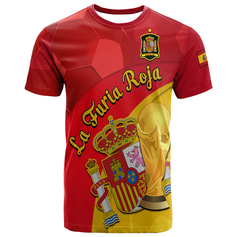 Custom Spain Football Champions T Shirt Spain Coat Of Arms And Trophy - Wonder Print Shop